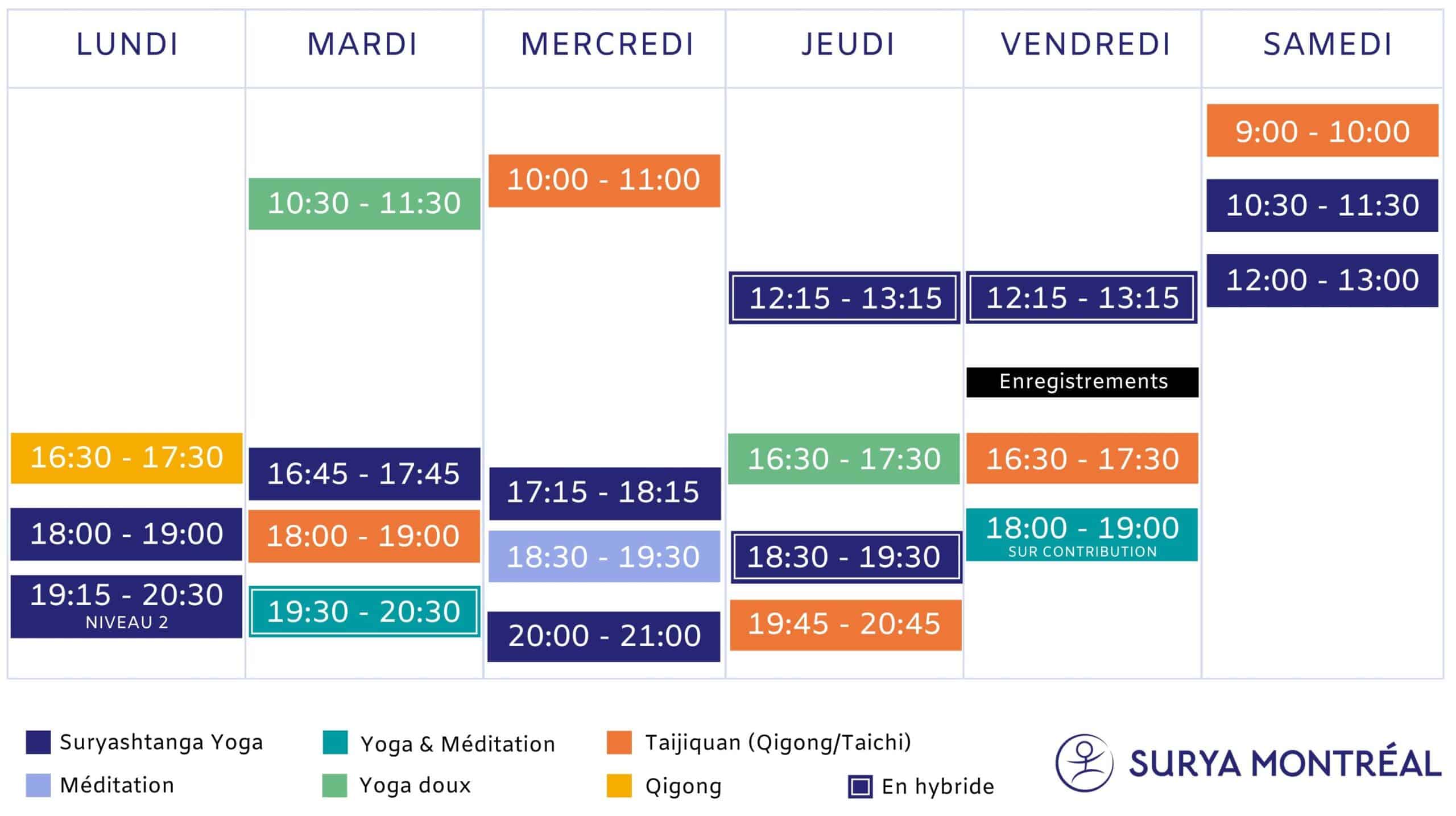 planning des cours surya montreal pour l'automne 2025